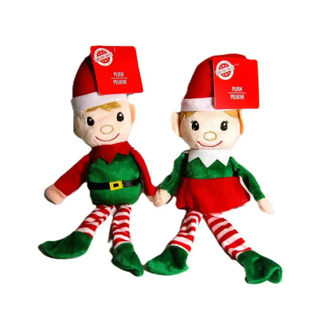 Christmas Plush Poseable Elves Boy & Girl Fair Skin 14.5 Inches Holiday Display